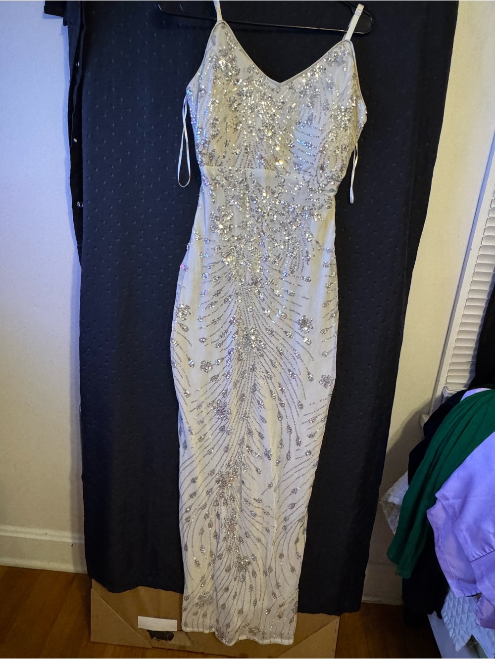 Beaded Ivory Maxi Dress with Silver Embellishment